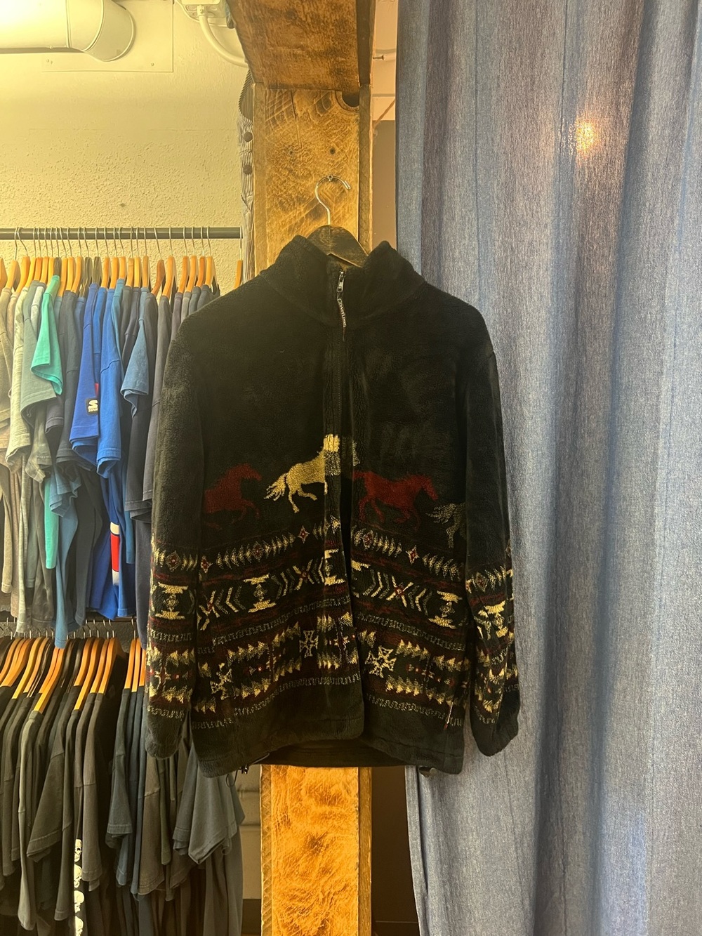 Vintage Running Horse Patterned Black Fleece Sweater